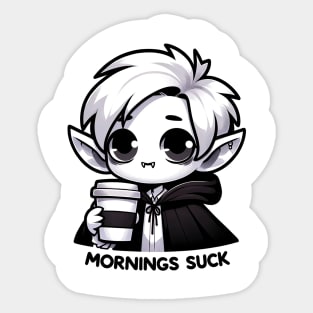 Mornings Suck Vampire Pun With Coffee Gothic Black and White Sticker